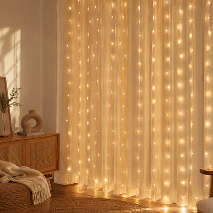Wiregleam™ USB Copper Wire Curtain Lights in a calm home setting