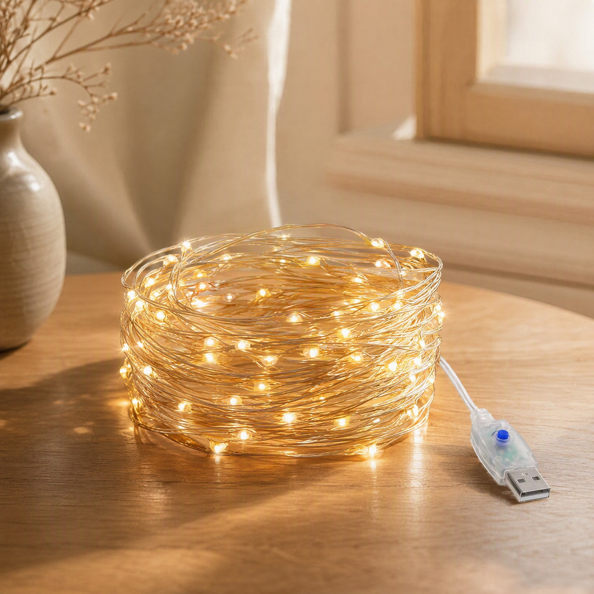 Plugglint™ USB Copper Wire String Lights, styled close view