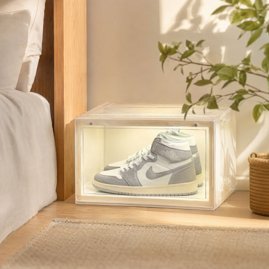 Clearpair™ PET+PP Transparent Shoe Box in a calm home setting
