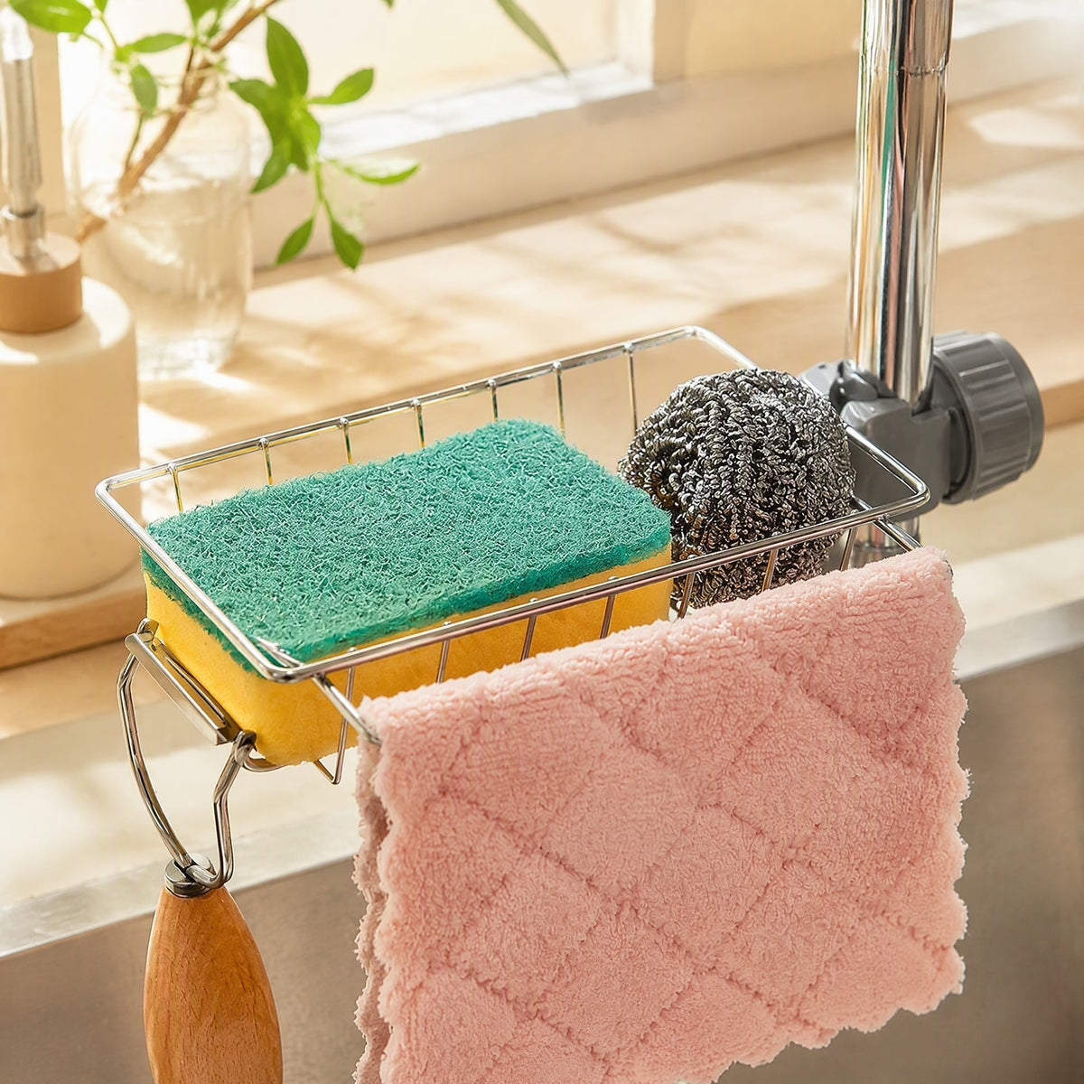 Tapstow™ Stainless Steel Faucet Storage Rack in a calm home setting