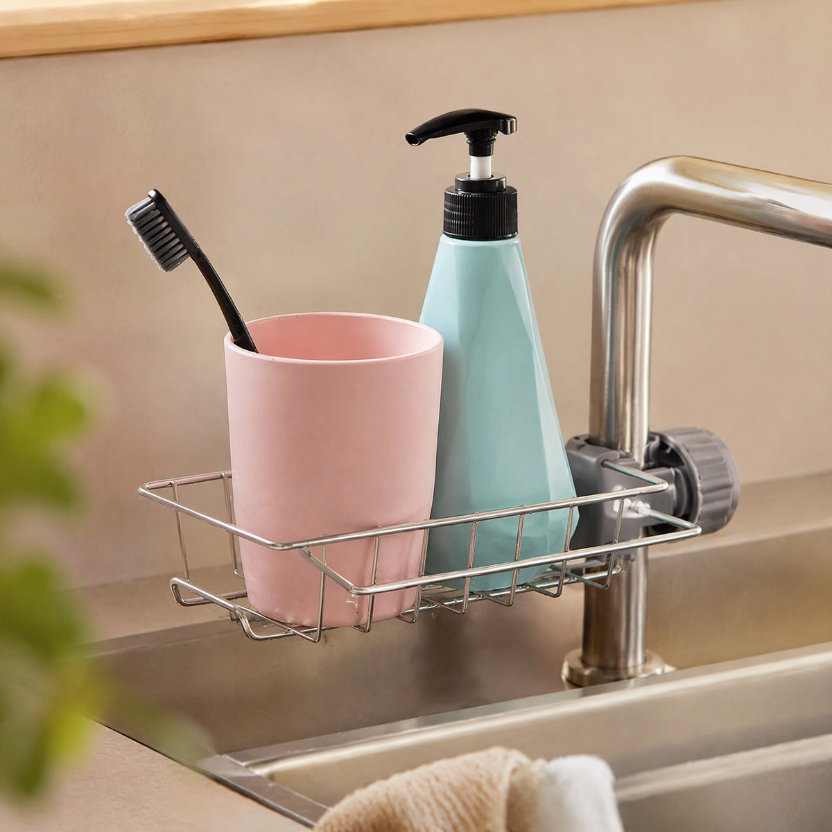 Tapstow™ Stainless Steel Faucet Storage Rack, styled close view