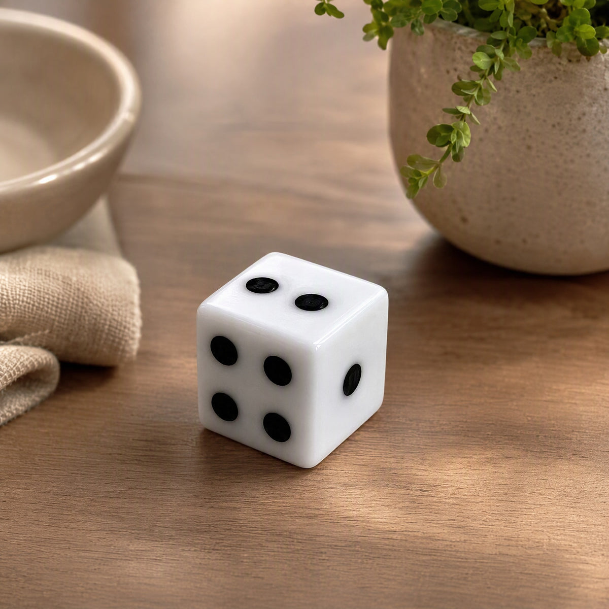 Squarepip™ White Acrylic Square Corner Dice, styled close view