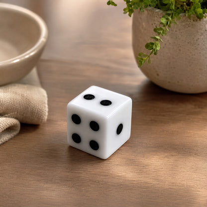 Squarepip™ White Acrylic Square Corner Dice, styled close view