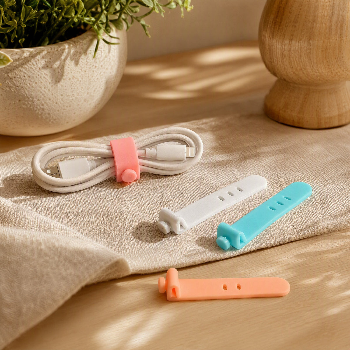 Softtie™ TPE Soft Rubber Cable Tie in a calm home setting