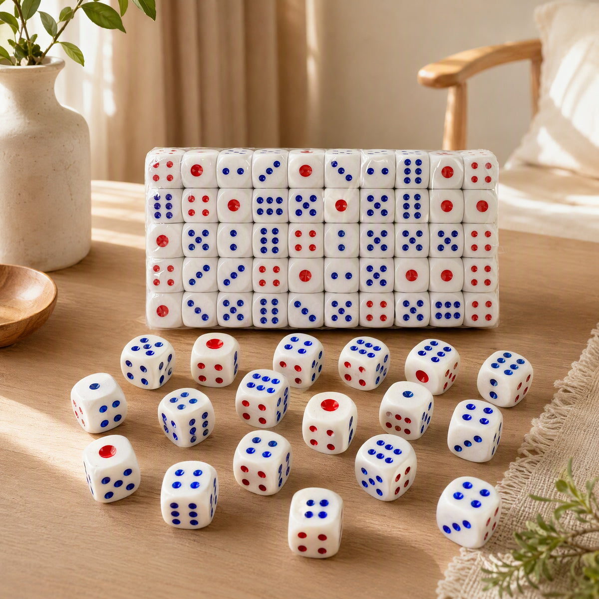 Dotduo™ White Acrylic Red And Blue Dot Dice in a calm home setting