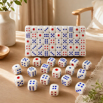 Dotduo™ White Acrylic Red And Blue Dot Dice in a calm home setting