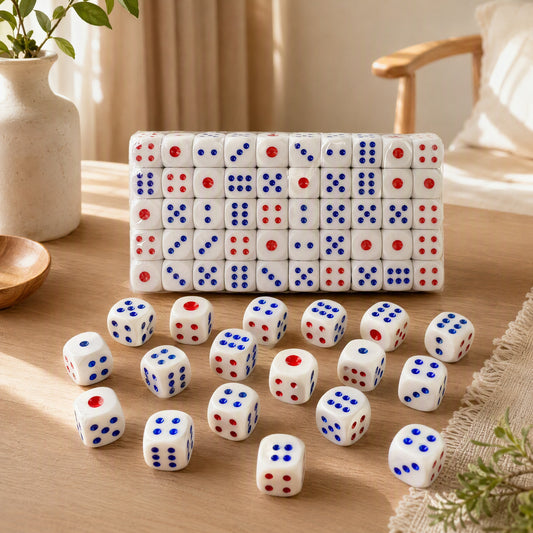 Dotduo™ White Acrylic Red And Blue Dot Dice in a calm home setting