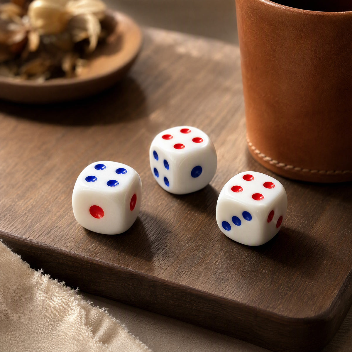 Dotduo™ White Acrylic Red And Blue Dot Dice, styled close view