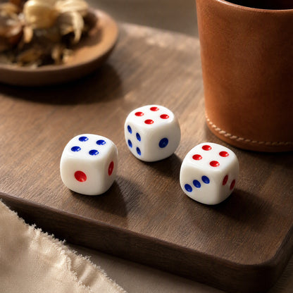 Dotduo™ White Acrylic Red And Blue Dot Dice, styled close view