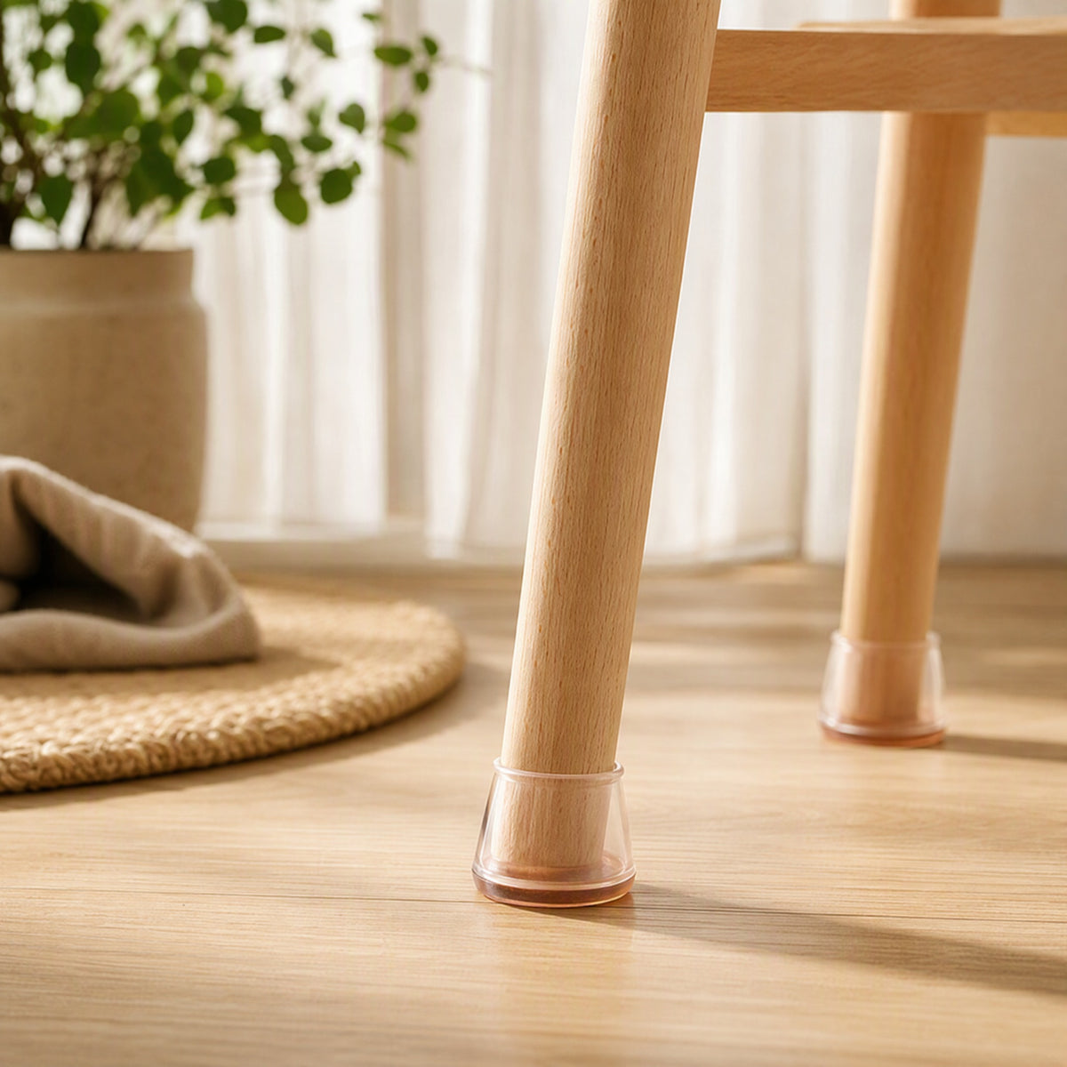 Squarehug™ TPR Square Chair Leg Covers in a calm home setting