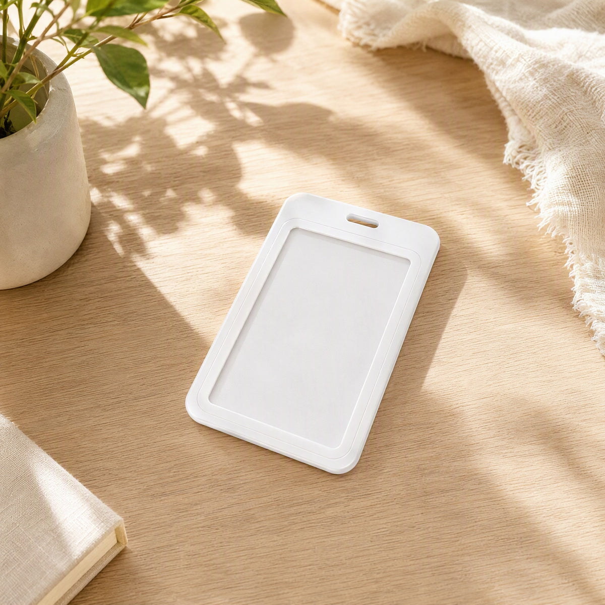 Workbadge™ Plastic Employee ID Card Holder in a calm home setting