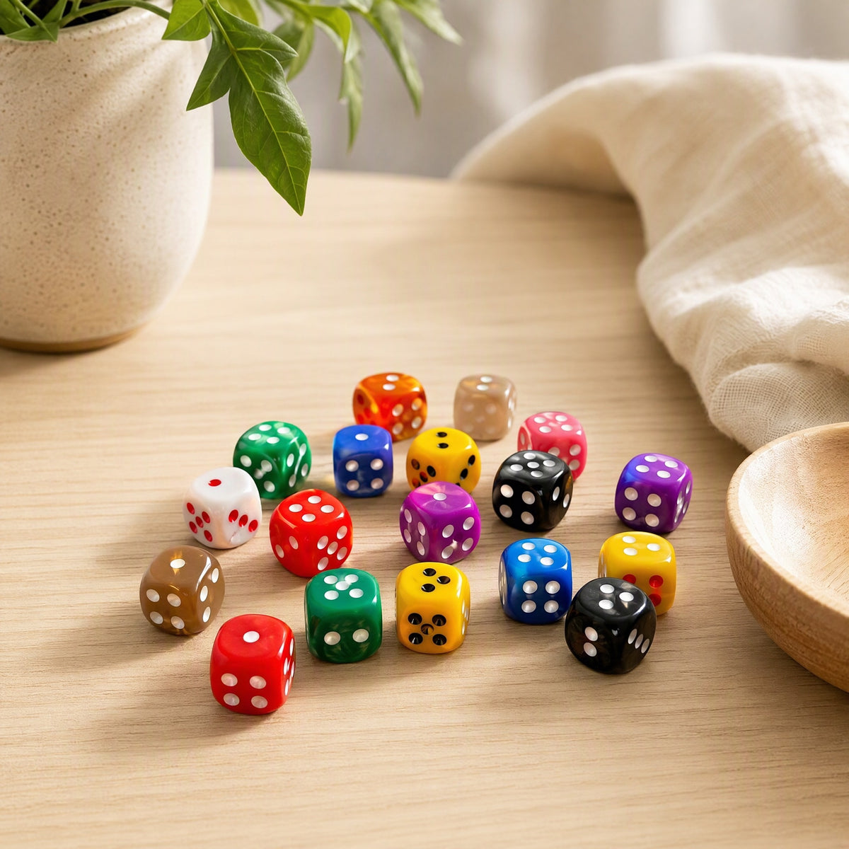 Rollwink™ 16mm Rounded Acrylic Dice in a calm home setting