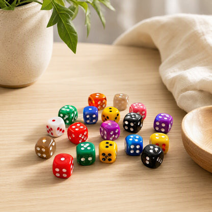 Rollwink™ 16mm Rounded Acrylic Dice in a calm home setting