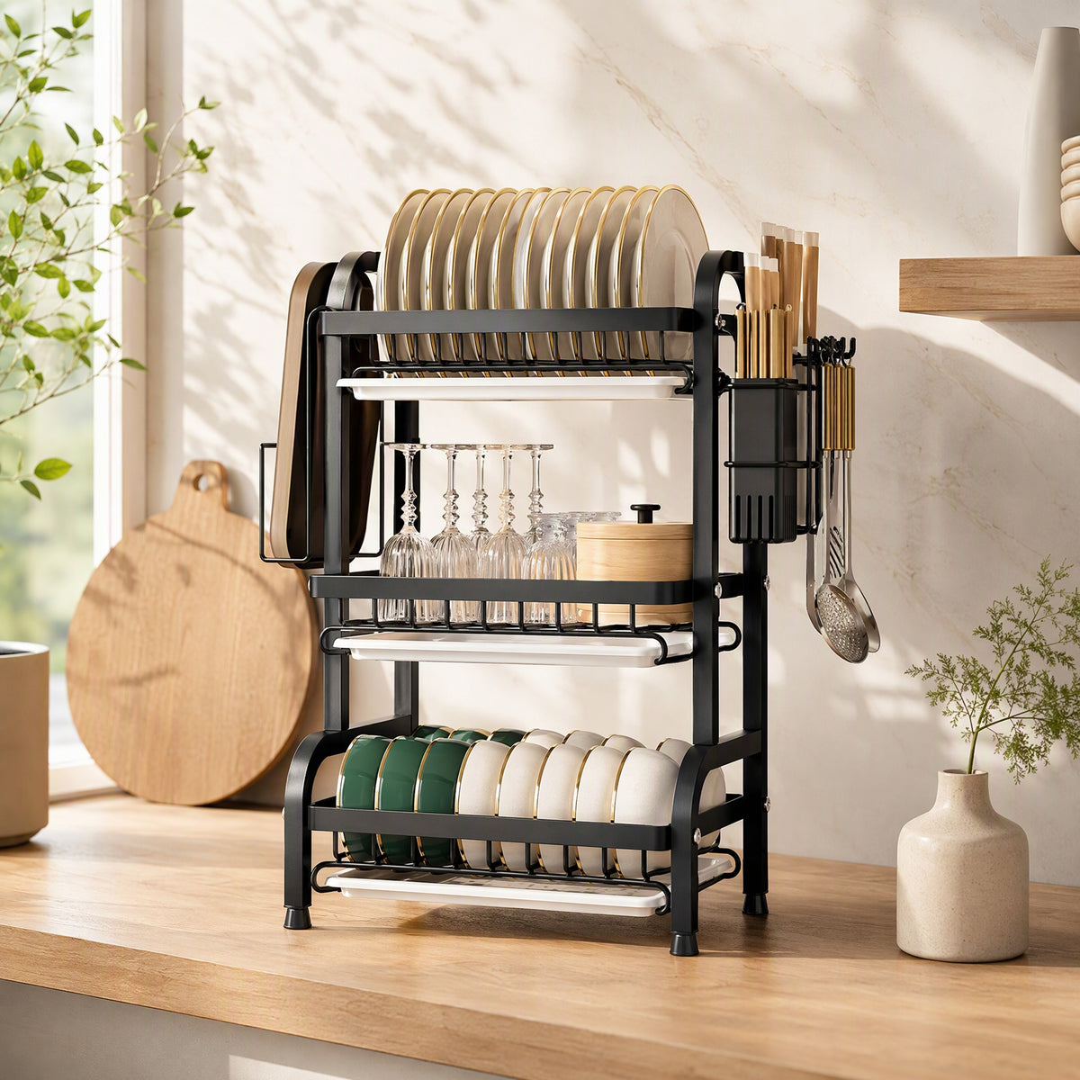 Shelfstead™ Carbon Steel Kitchen Storage Rack in a calm home setting