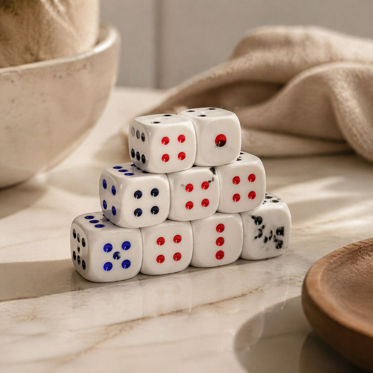 Roundroll™ White Rounded Acrylic Dice, styled close view