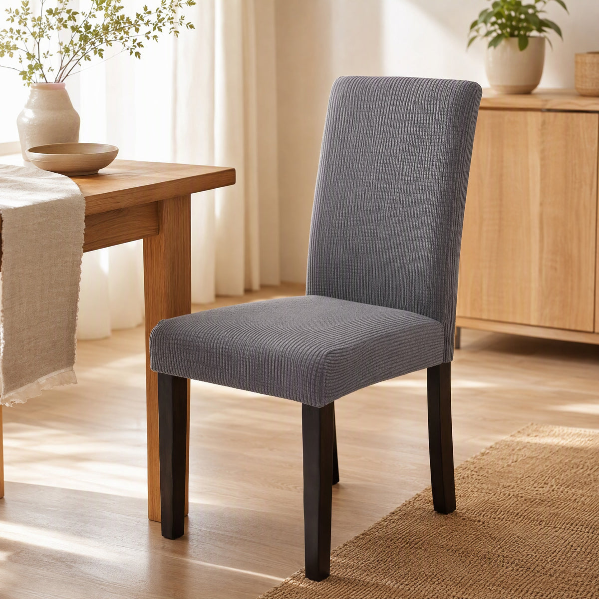 Plaidloom™ Plaid Polyester Dining Chair Cover in a calm home setting