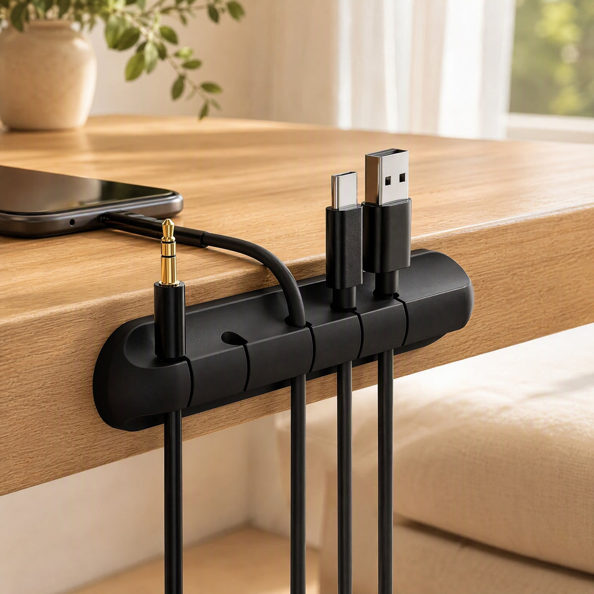 Flexcord™ TPR Cable Organizer in a calm home setting
