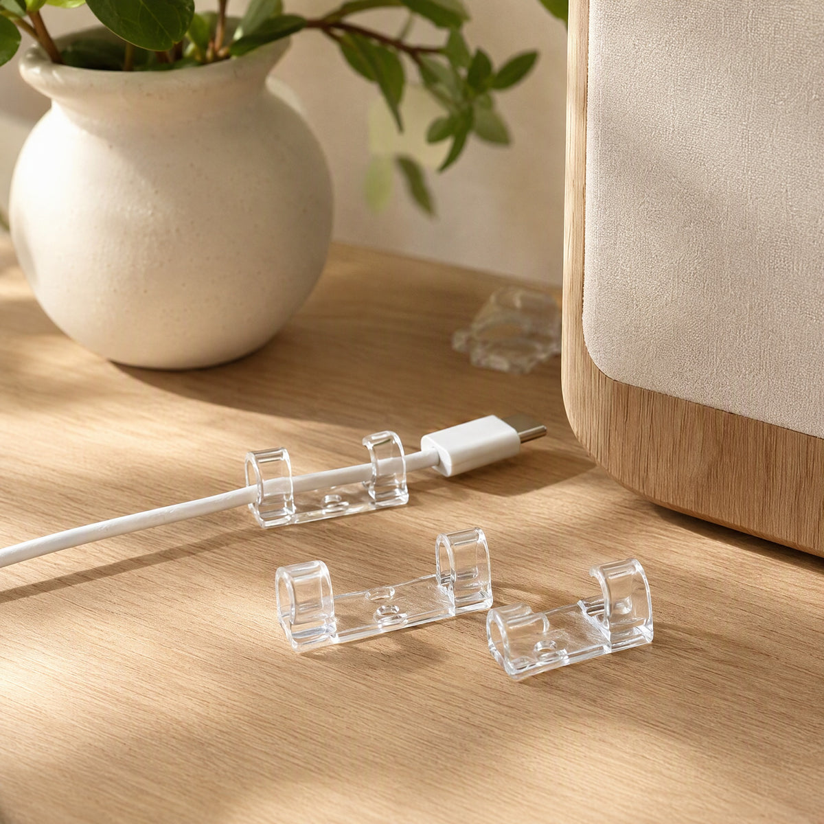 Clearloop™ Transparent Plastic Cable Organizer in a calm home setting