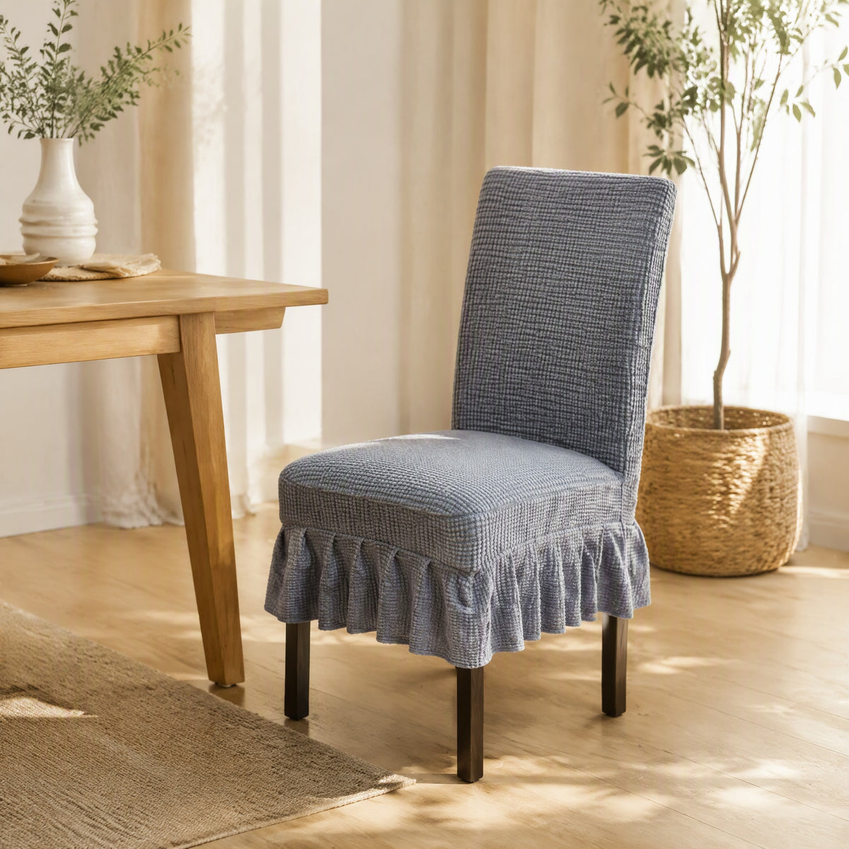 Skirtwell™ Polyester Chair Cover with Skirt in a calm home setting