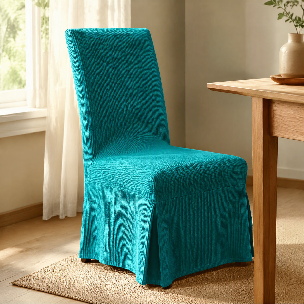 Skirtwell™ Polyester Chair Cover with Skirt, styled close view