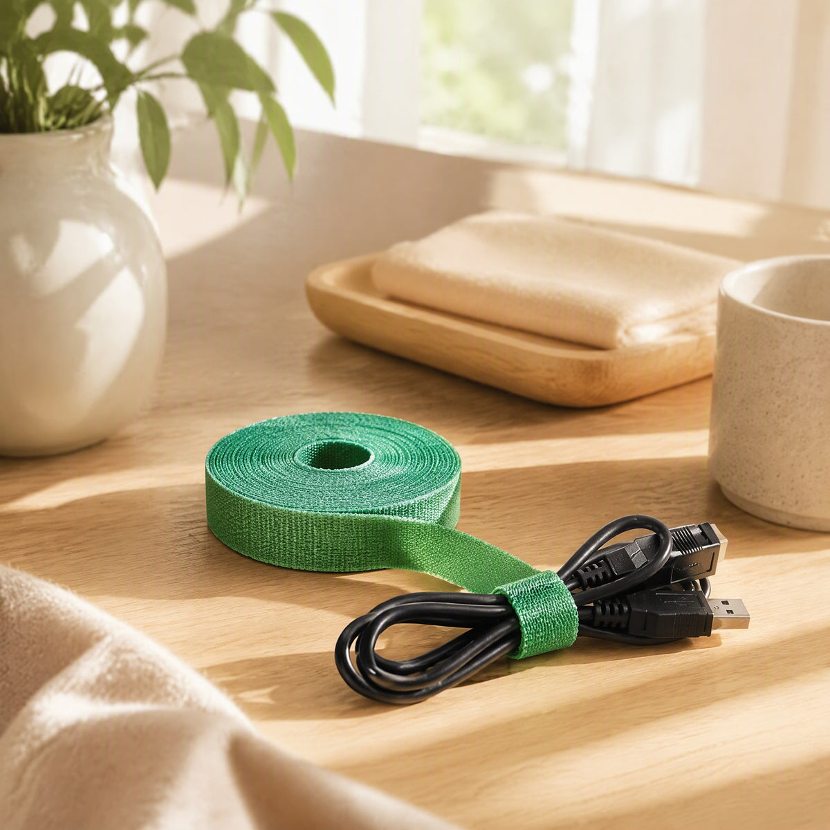 Tieflex™ Cuttable Velcro Cable Tie Roll in a calm home setting