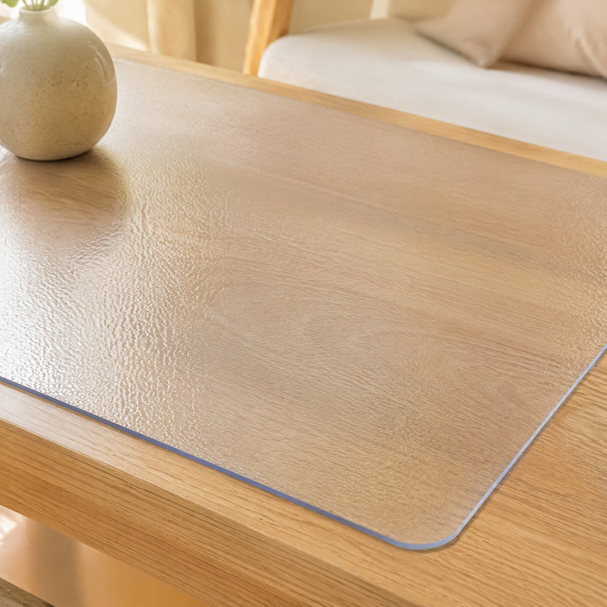 Clearmat™ Transparent PVC Coffee Table Mat, styled close view