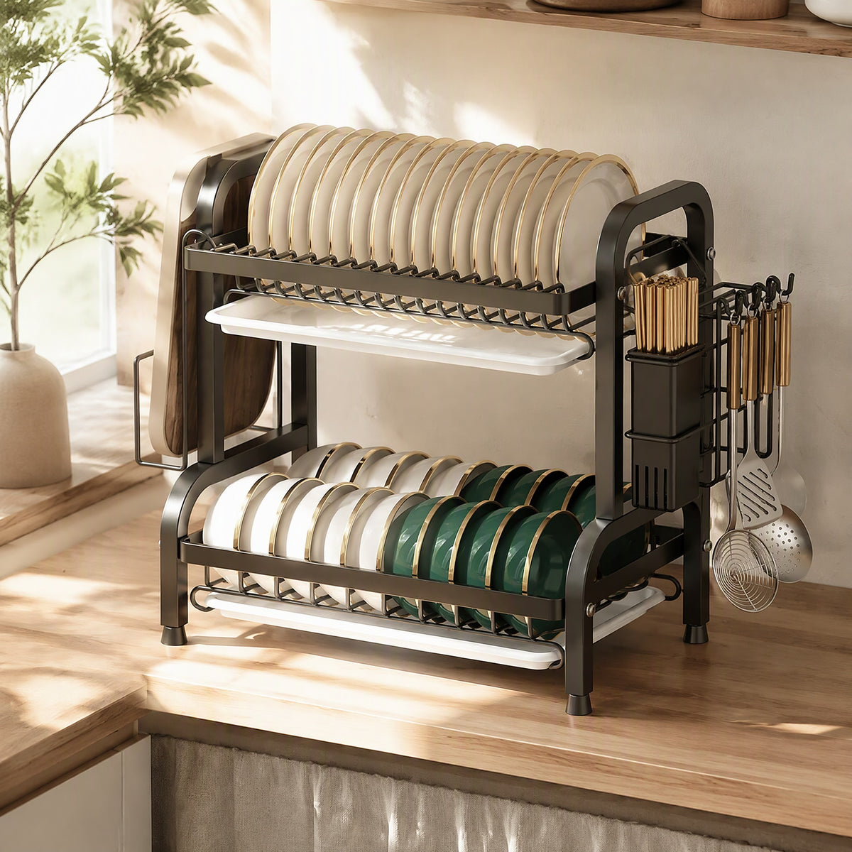 Panstack™ Carbon Steel Kitchen Storage Rack in a calm home setting