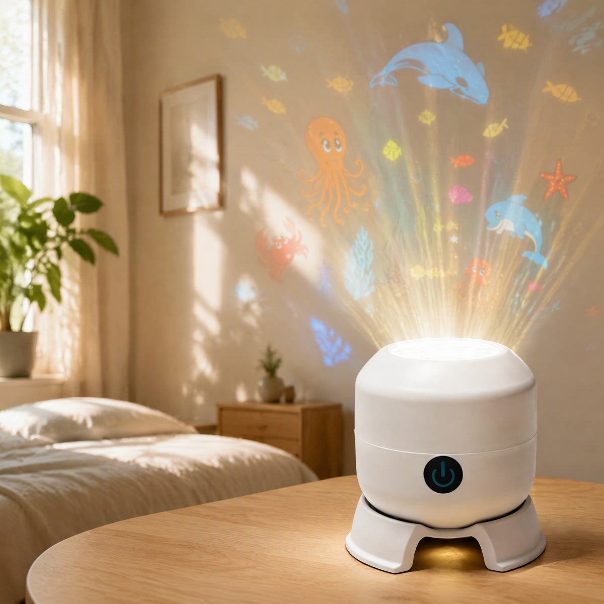 Flakeglow™ Snowflake Holiday Projector Lamp in a calm home setting