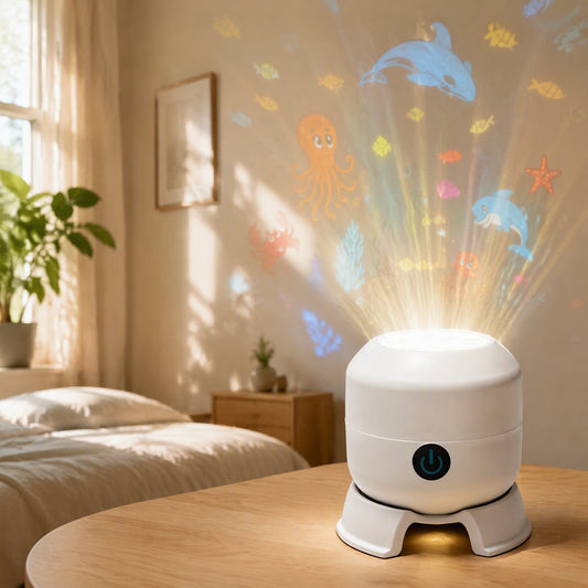 Flakeglow™ Snowflake Holiday Projector Lamp in a calm home setting