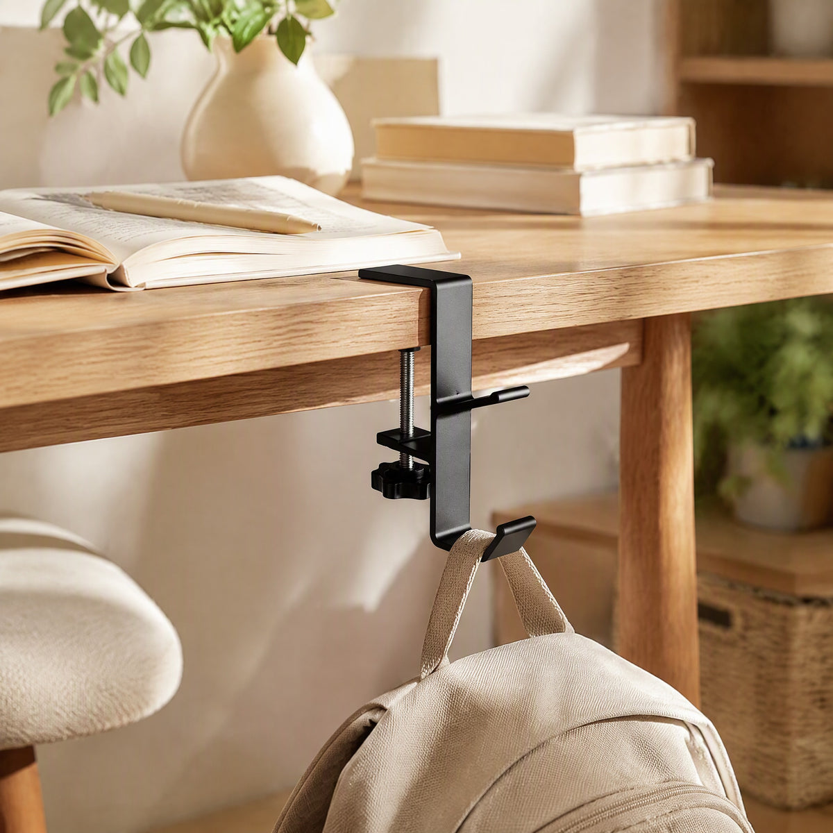 Deskperch™ Aluminum Alloy Desk Bag Hook in a calm home setting