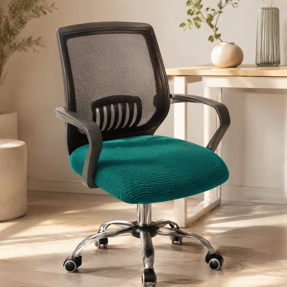 Velvetdrape™ Elastic Velvet Computer Chair Cover, styled close view
