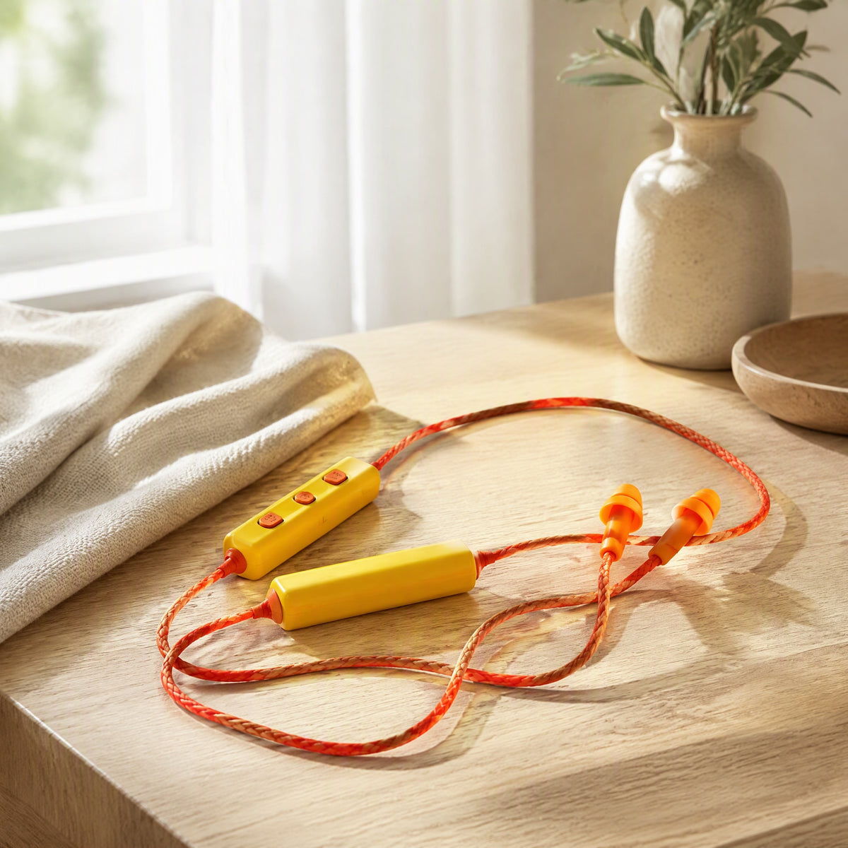 Cordhush™ Wired Labor Protection Earplugs in a calm home setting
