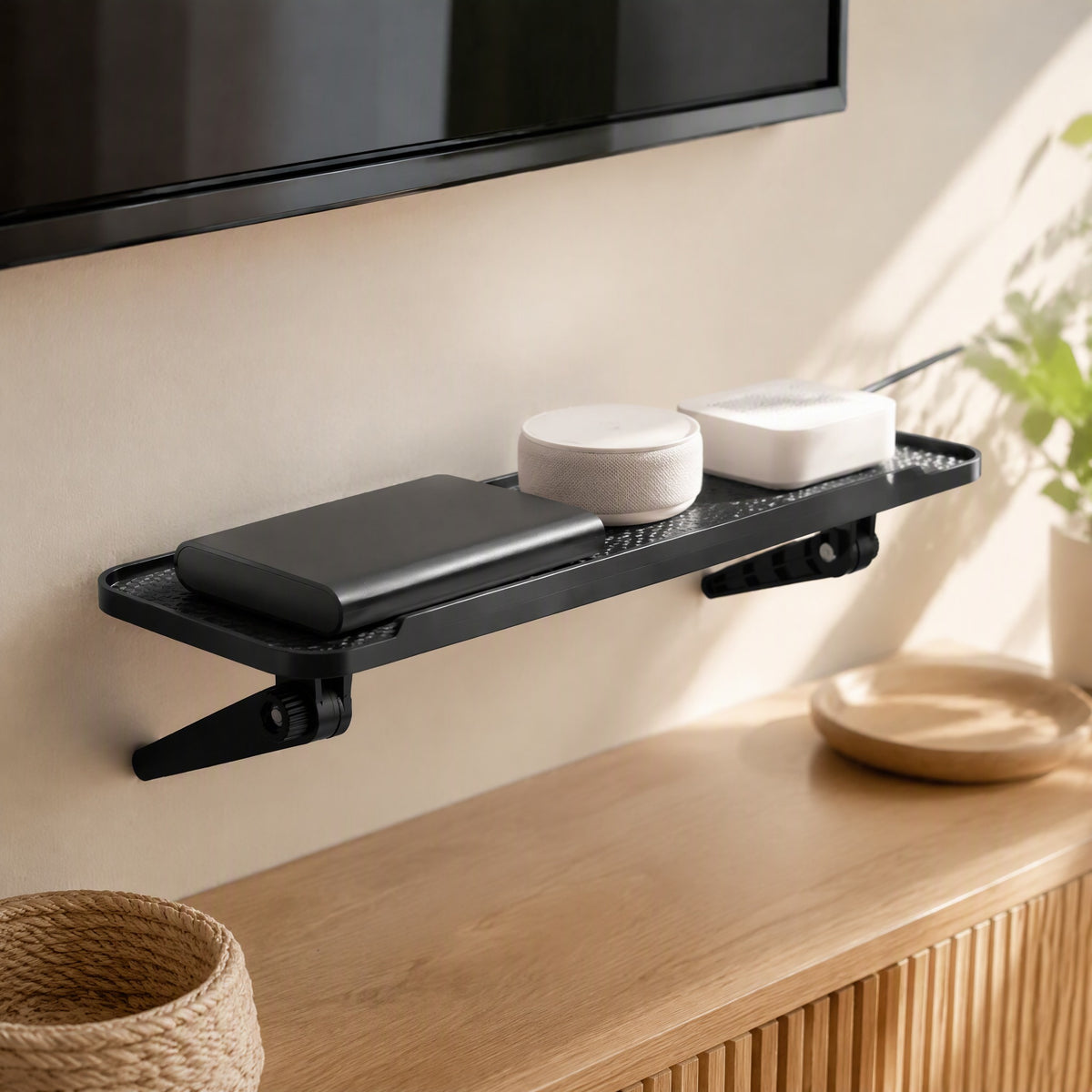 Boxshelf™ Plastic Set-Top Box Storage Rack in a calm home setting