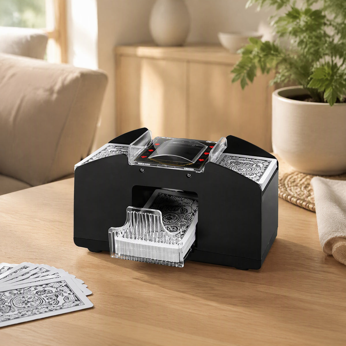 Deckwhirl™ Automatic Playing Card Shuffler in a calm home setting