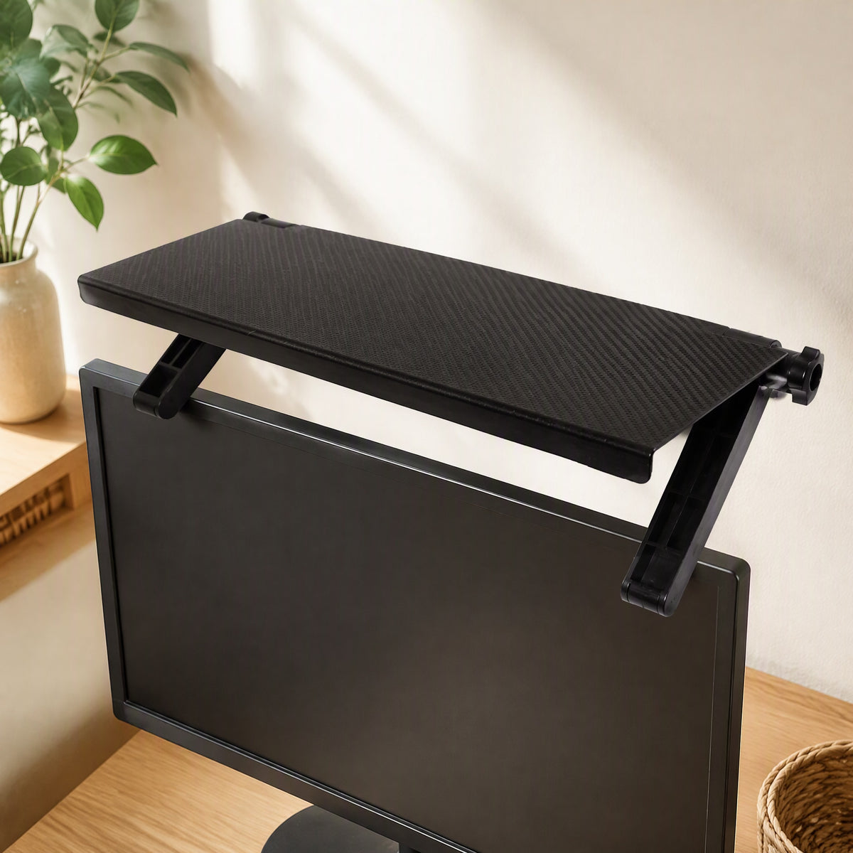 Shelfspot™ Computer Screen Router Storage Shelf in a calm home setting