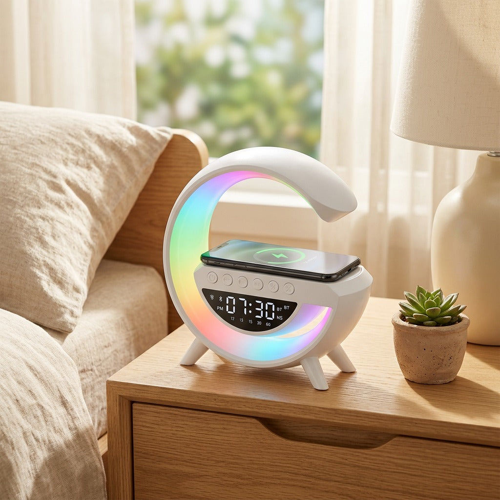 Glowwake™ Bluetooth Speaker With Alarm Clock And Light in a calm home setting