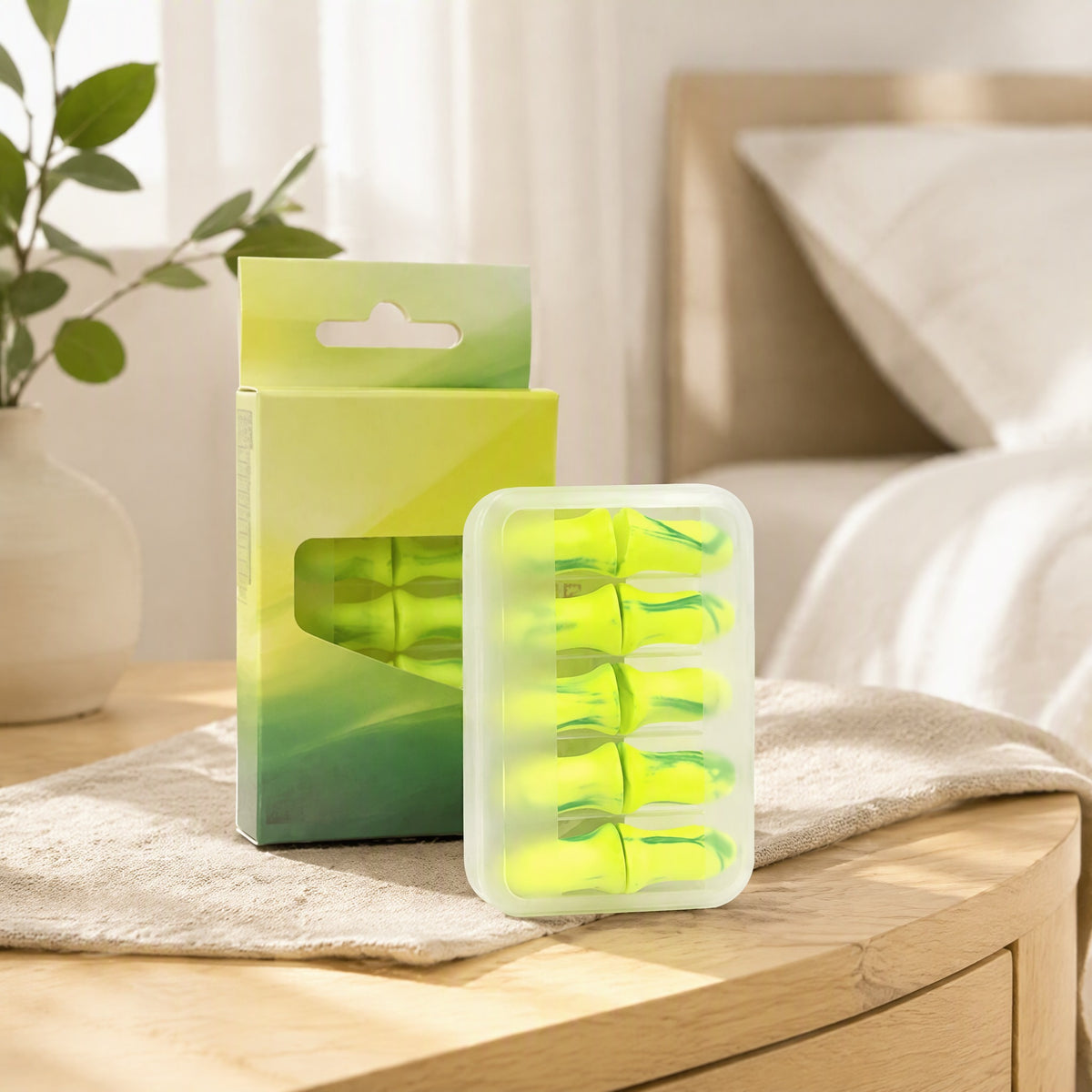 Dozecush™ Sponge Sleep Earplugs in a calm home setting