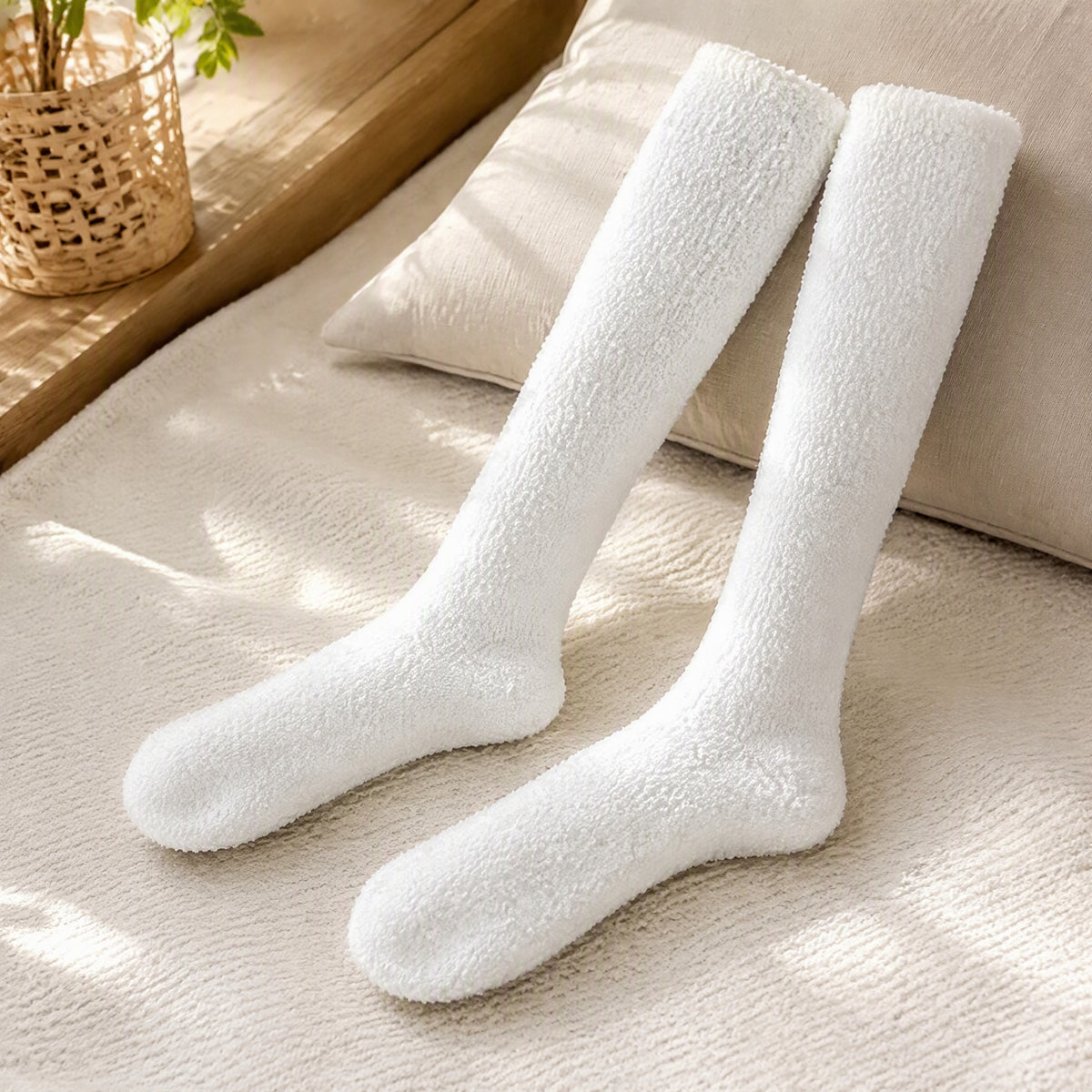 Coralhush™ Women's Long Tube Coral Velvet Socks in a calm home setting