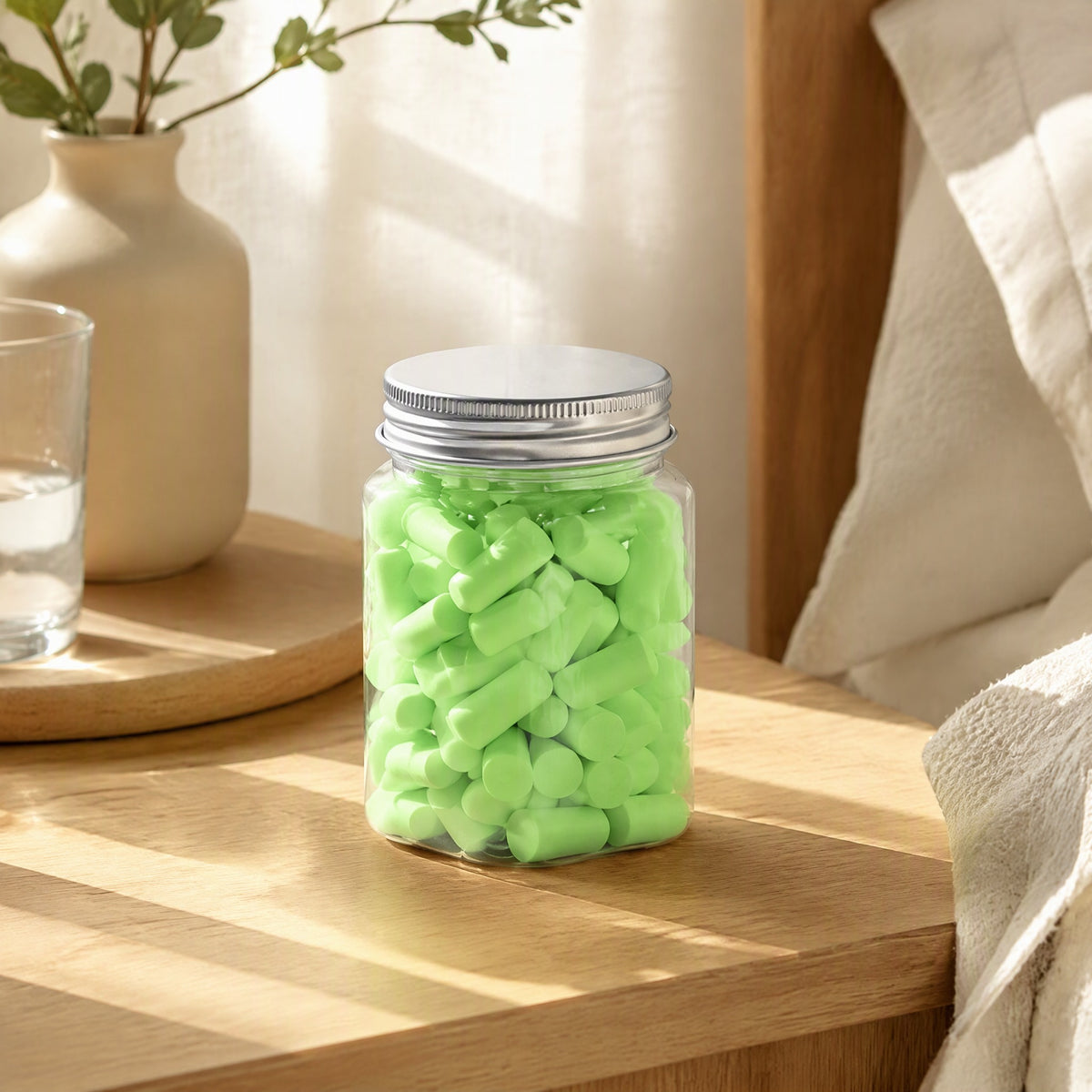 Quietpuff™ Memory Foam Earplugs in a calm home setting
