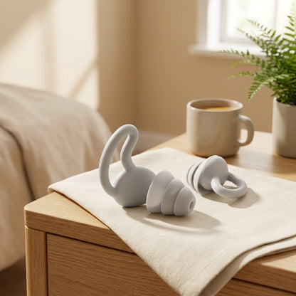 Layerseal™ Three-Layer Silicone Sleep Earplugs in a calm home setting