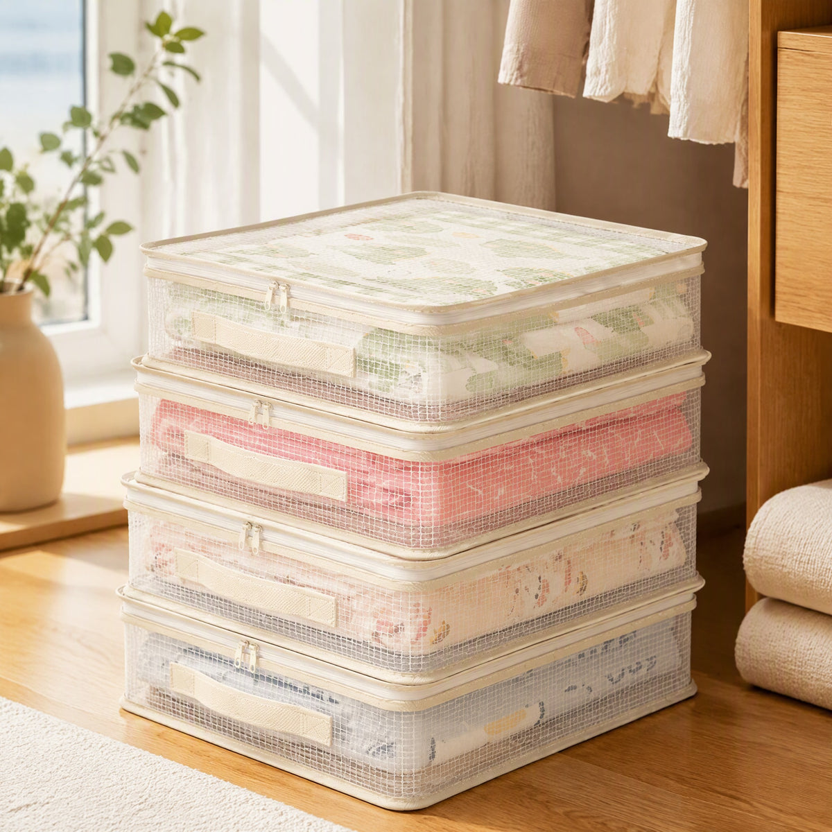 Meshkeep™ Four-Piece Mesh Clothing Storage Bag Set in a calm home setting