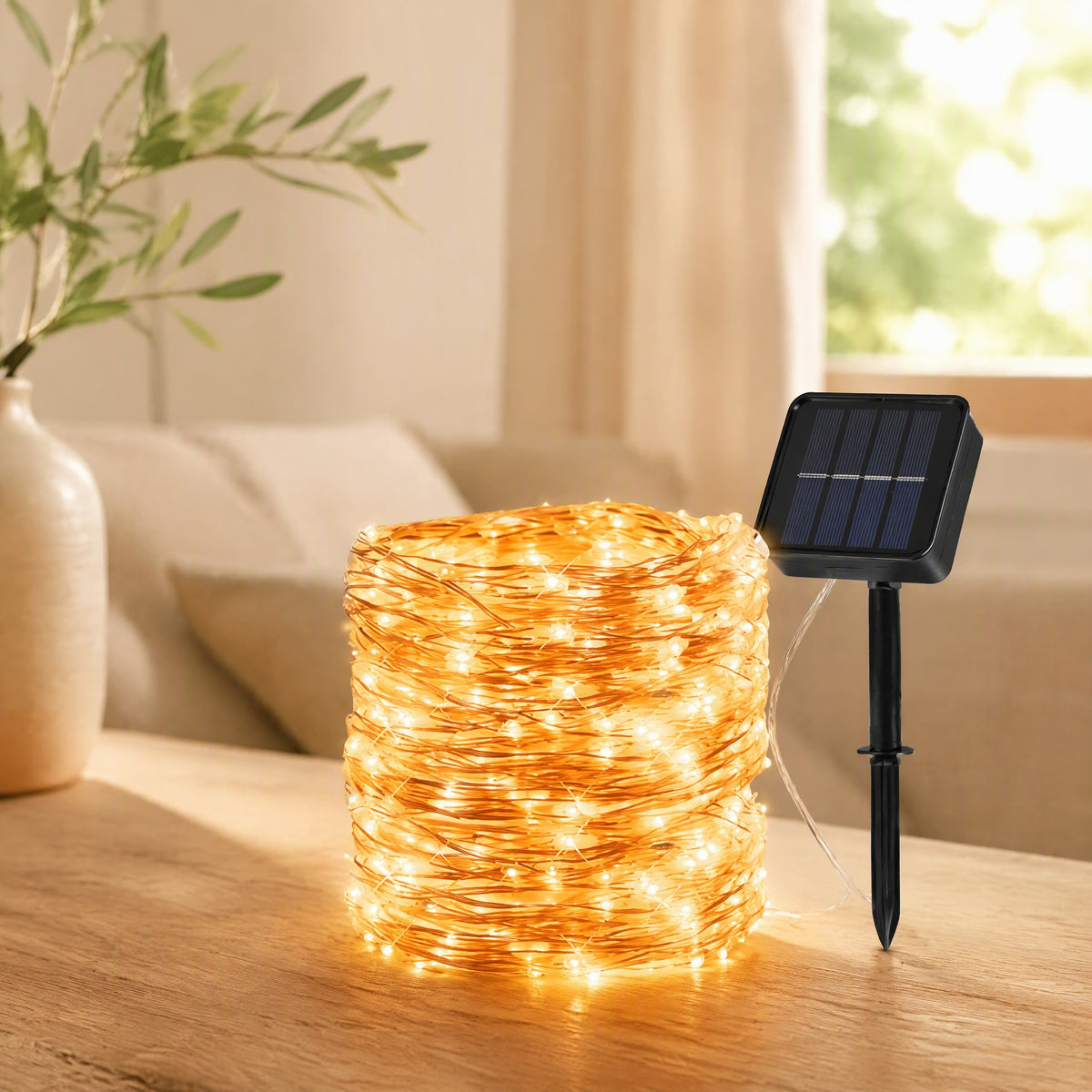 Soltwine™ Copper Wire Solar String Lights in a calm home setting