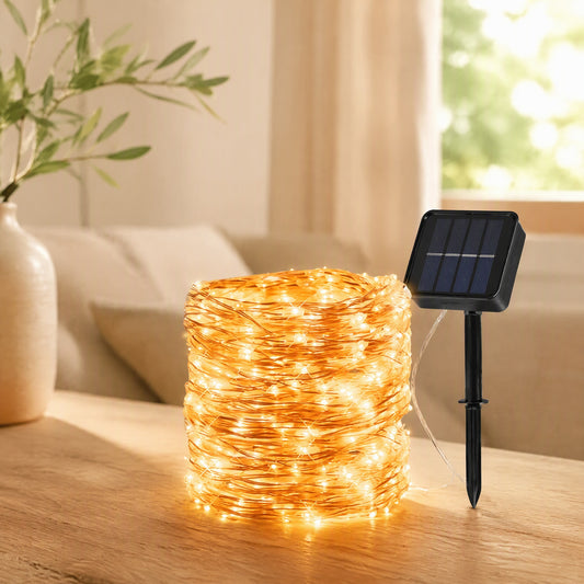 Soltwine™ Copper Wire Solar String Lights in a calm home setting