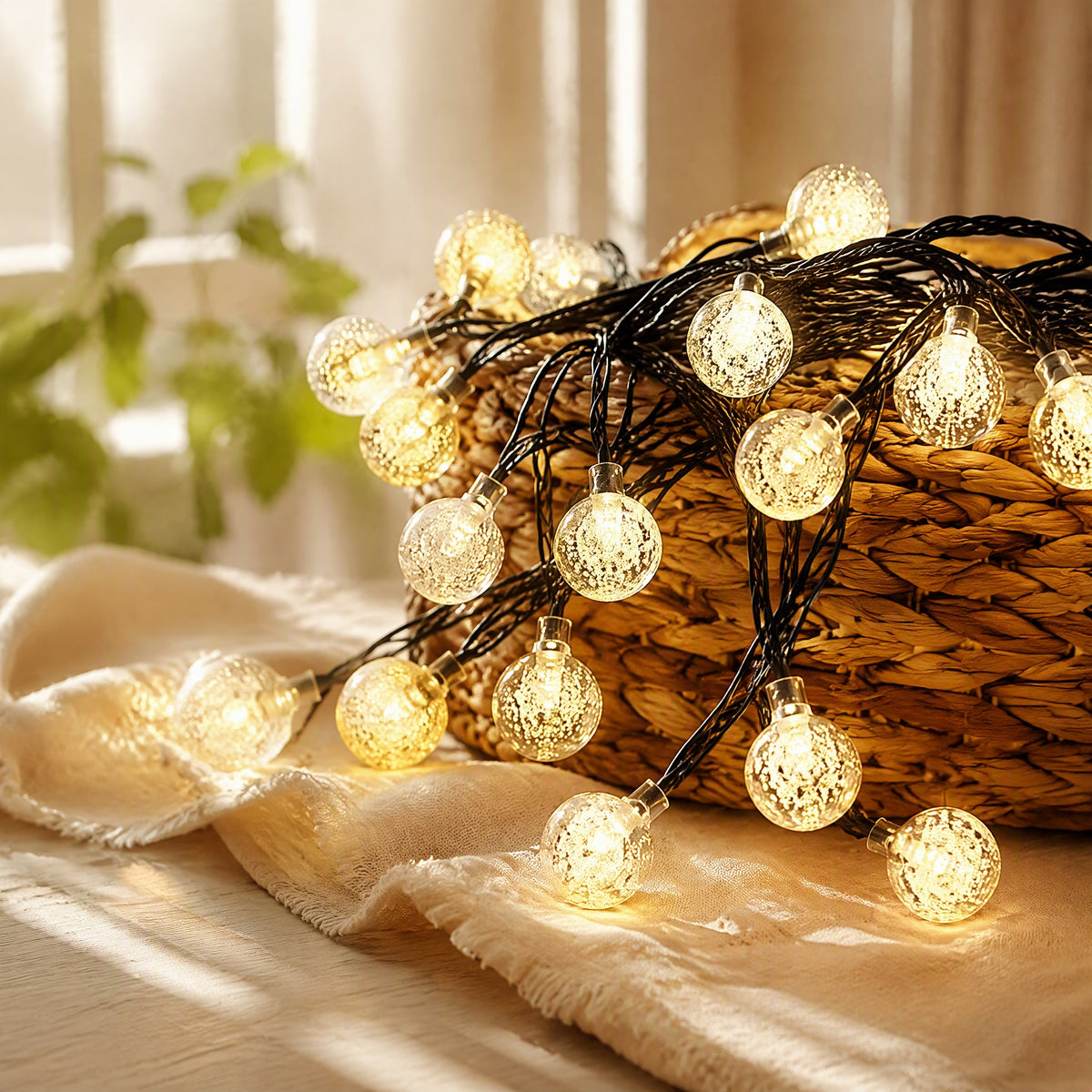 Sungleam™ Solar Crystal Ball Light String in a calm home setting