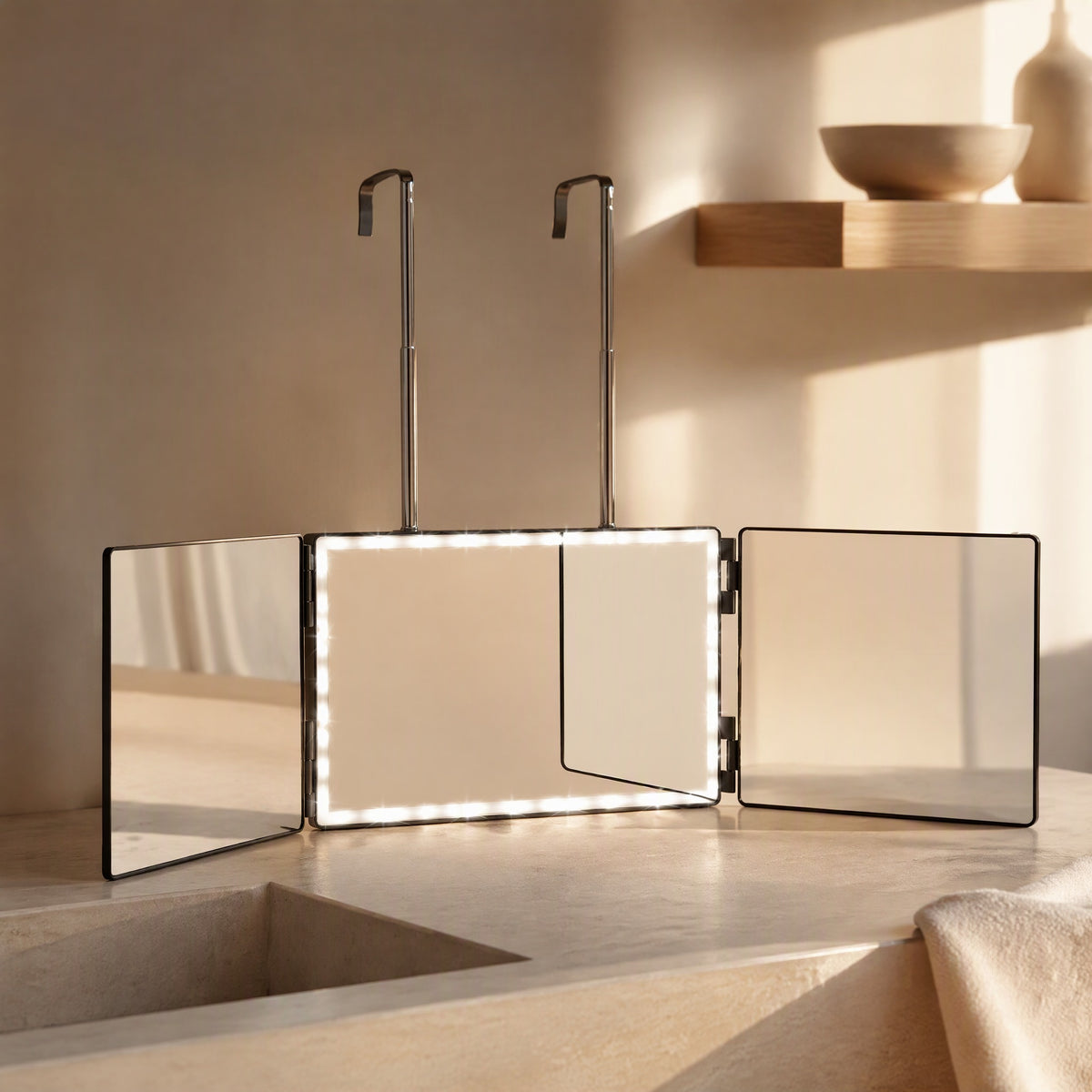 Triview™ Three-Sided Folding Hanging Mirror, styled close view