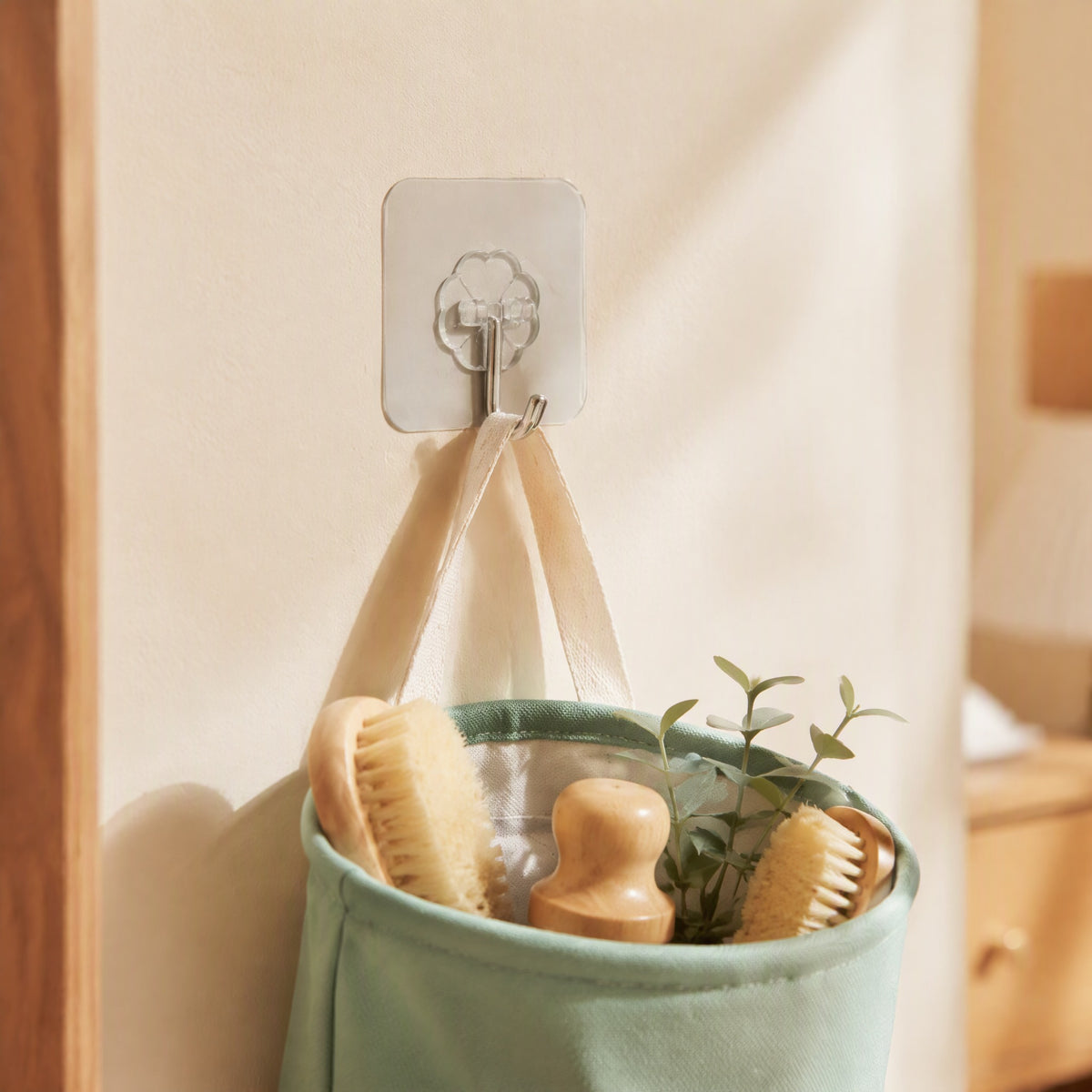 Sticknest™ Clear Acrylic Adhesive Hook, styled close view