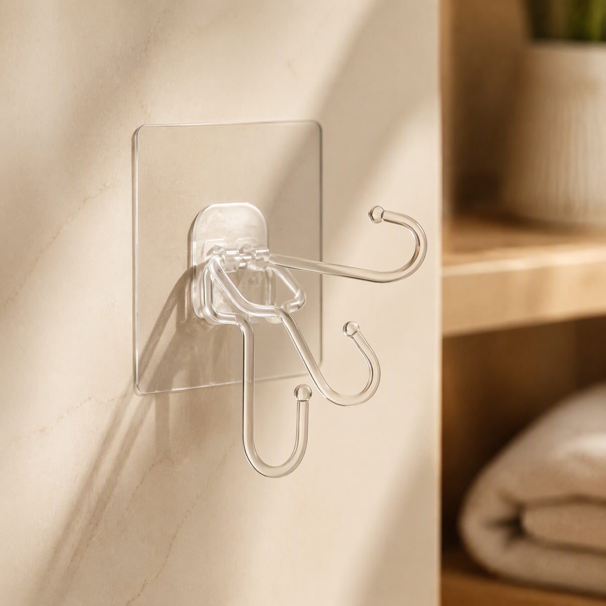 Wallgrip™ Plastic Adhesive Wall Hook, styled close view