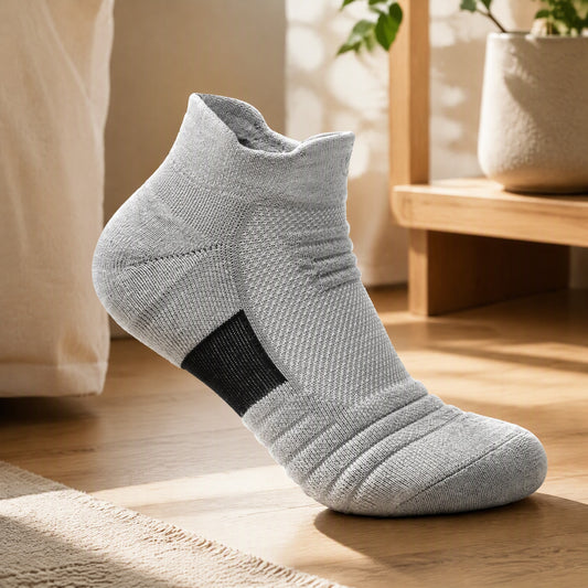Courtsoft™ Men's Polyester Basketball Socks in a calm home setting