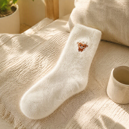 Mooheel™ Cartoon Cow Mid-Calf Socks in a calm home setting