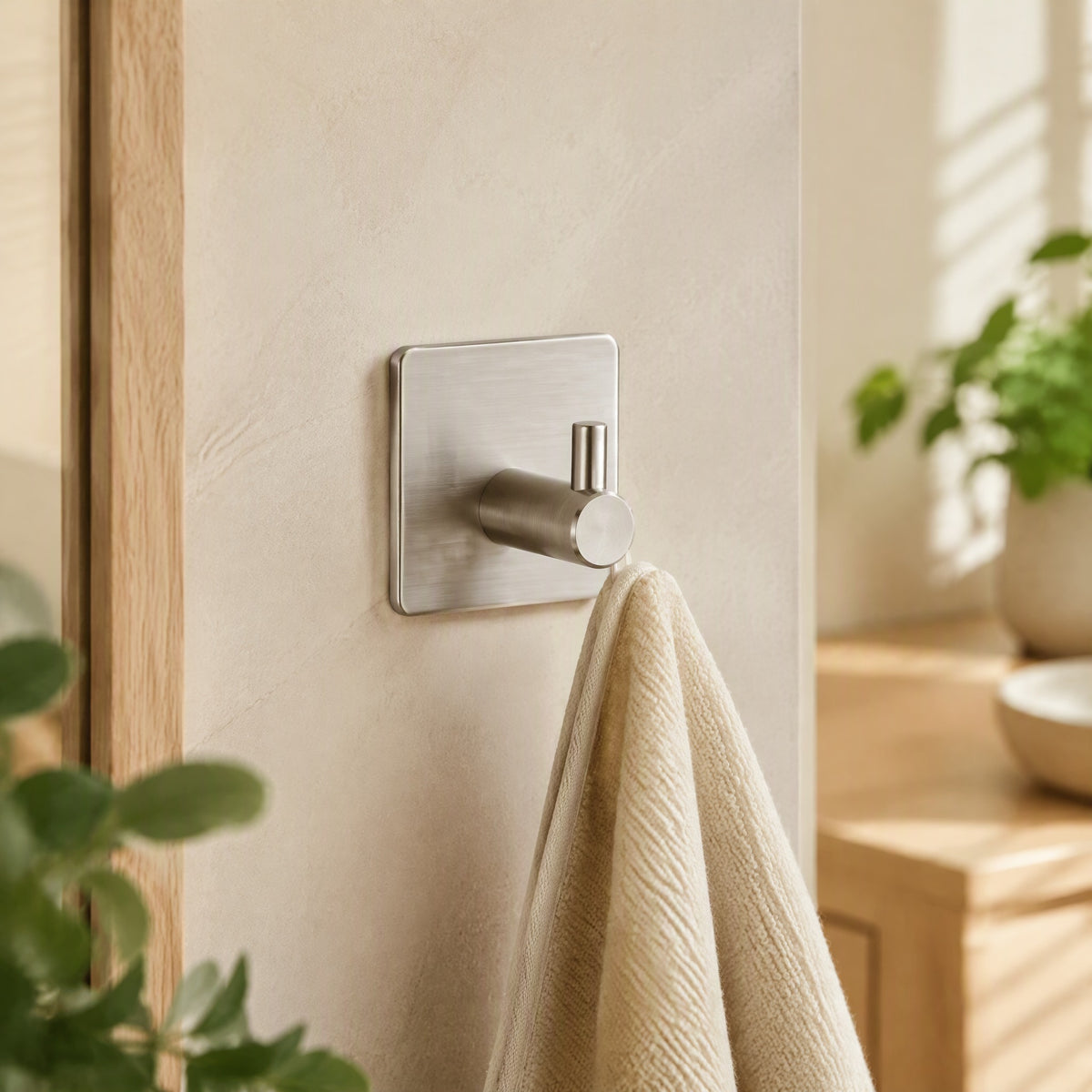 Stickhook™ Stainless Steel Wall Adhesive Hook in a calm home setting